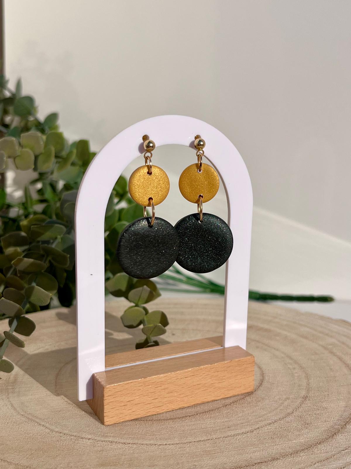 Dúo Círculo Mostaza Dorado Negro Glitter