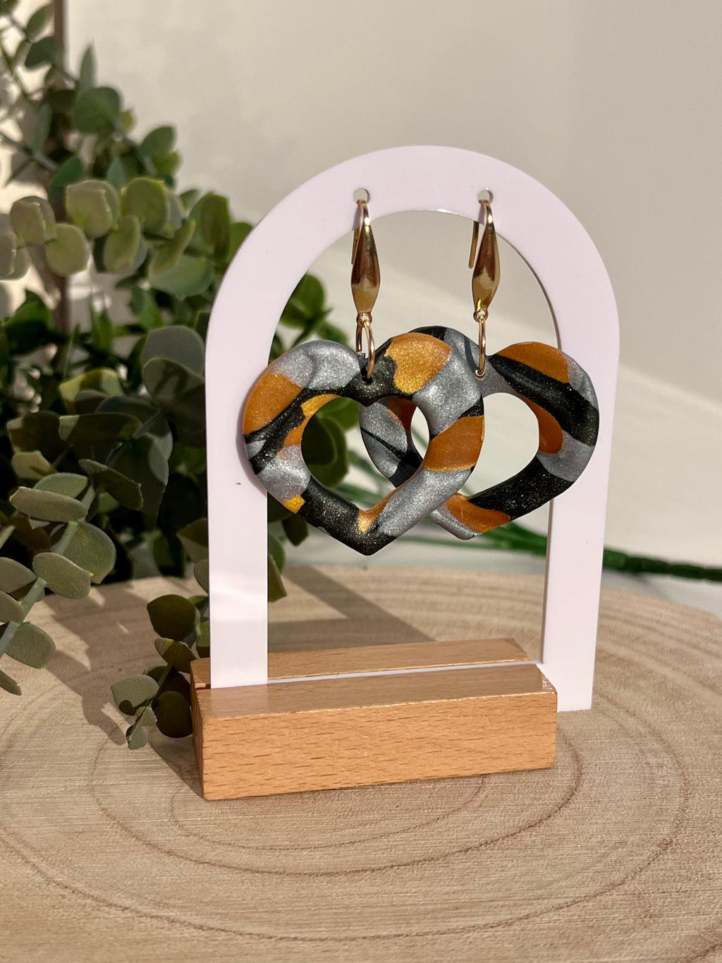 Corazones Calados Mármol Negro Plateado Dorado Hoja