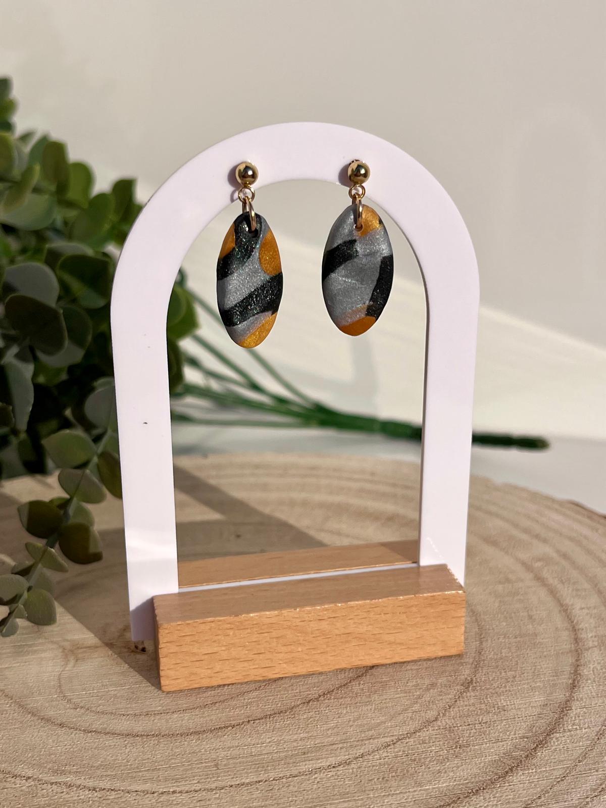 Óvalos Mármol Negro Gris Dorado Mostaza Stud Bola