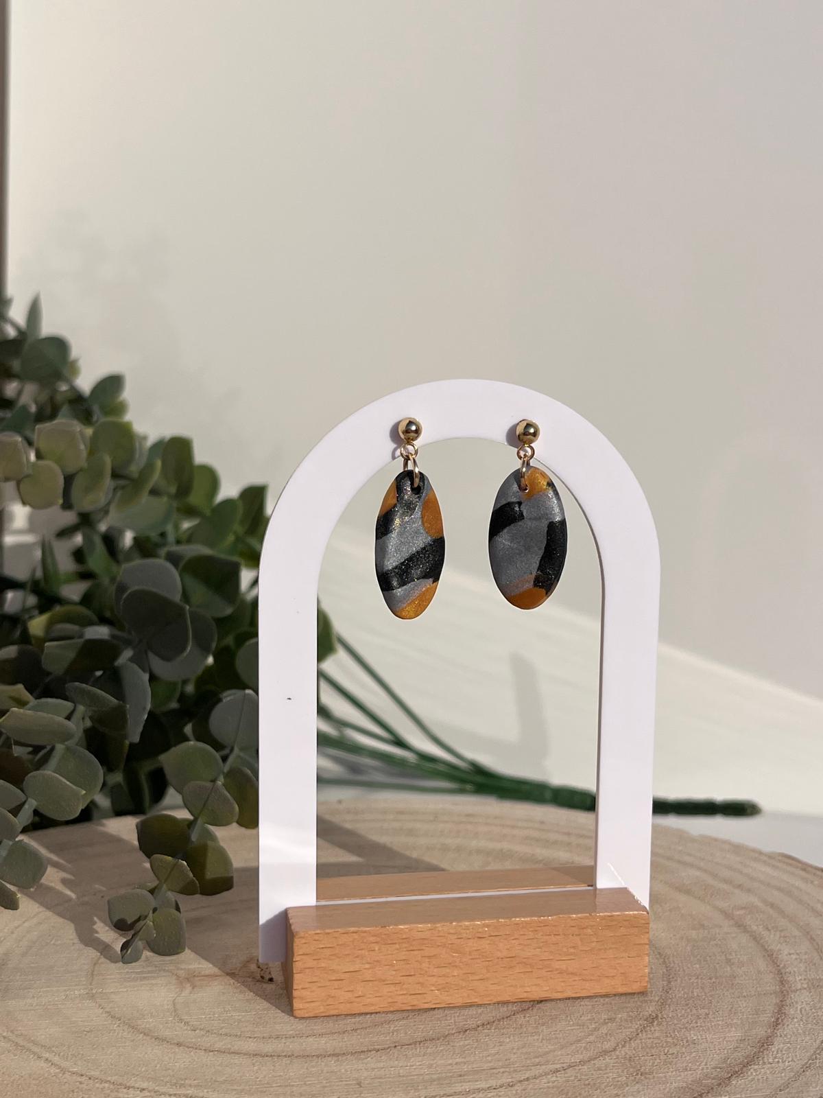 Óvalos Mármol Negro Gris Dorado Mostaza Stud Bola