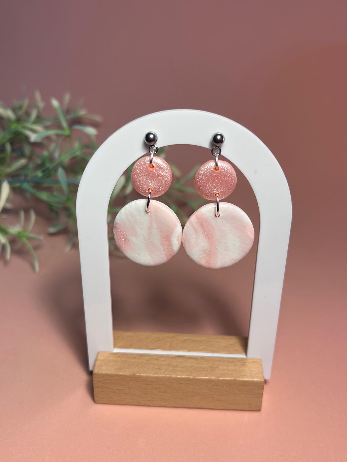 CLOE – Pendientes círculos escalonados mármol rosa blanco arcilla polimérica artesanales | Gradi Handmade