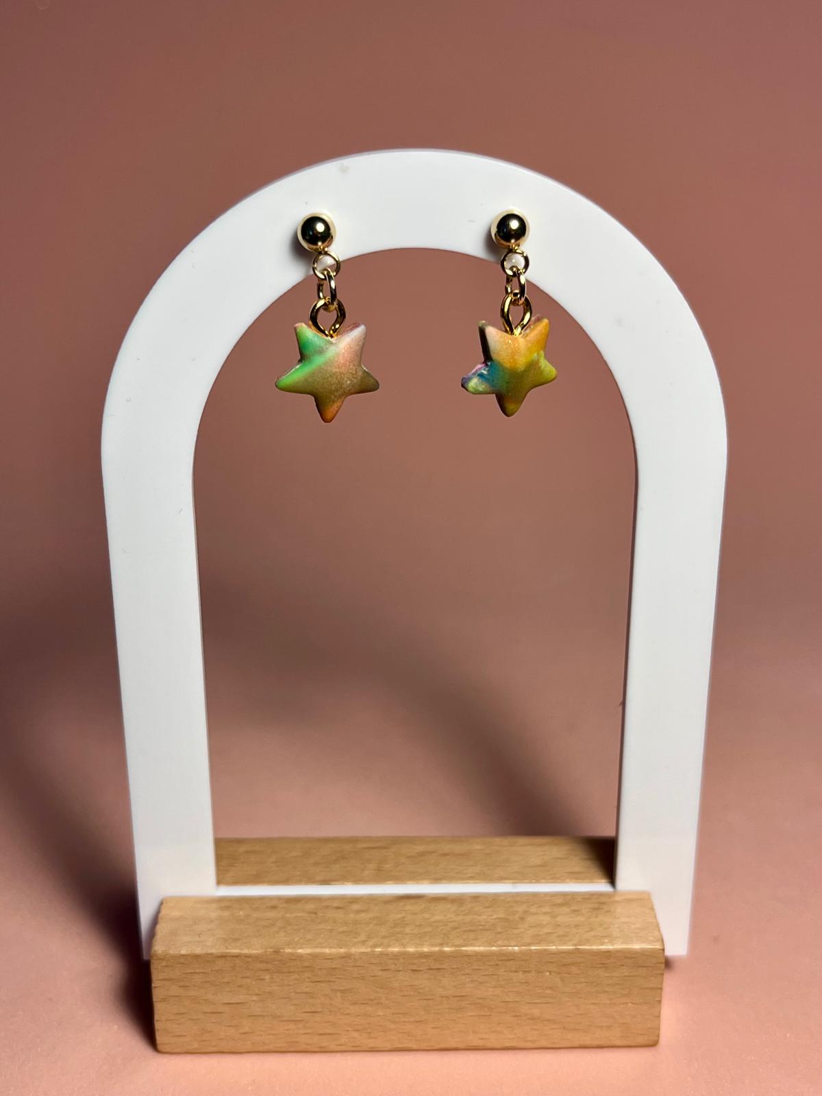 STAR - Pendientes artesanales estrella marmolada pastel colgantes con botón dorado
