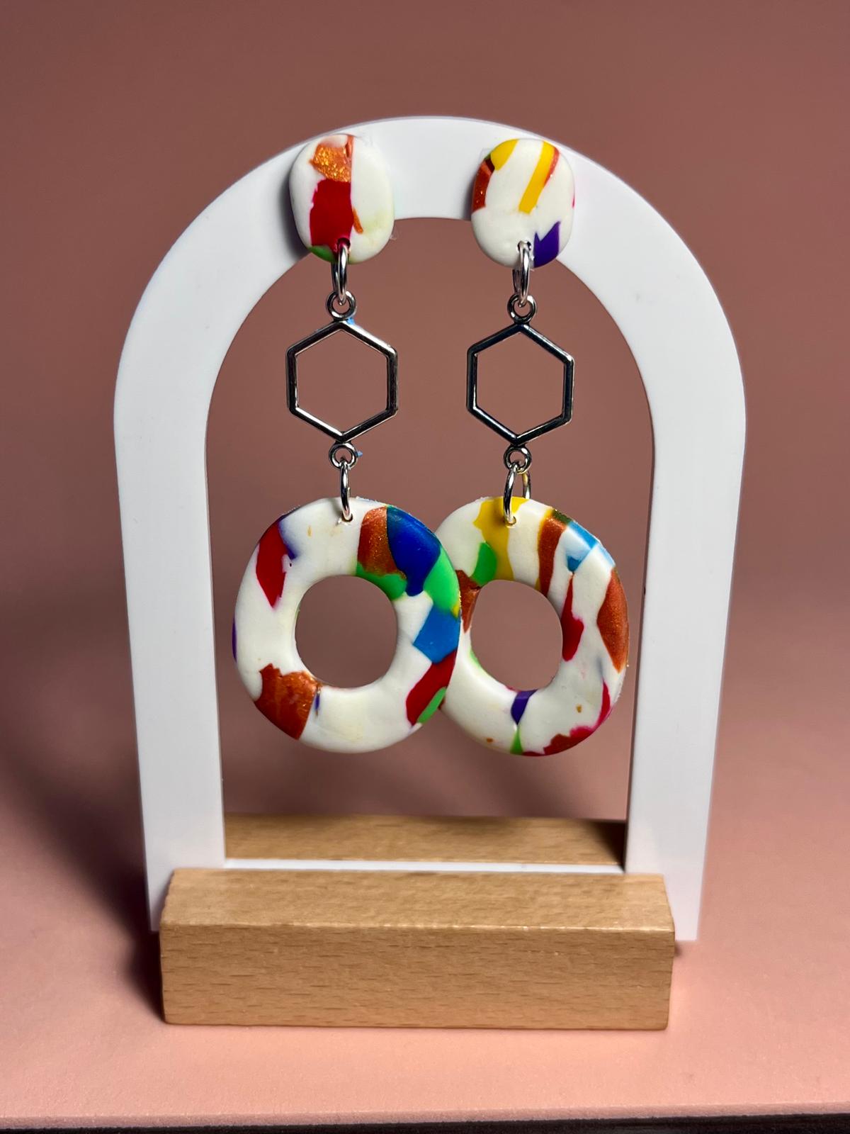 HEX - Pendientes artesanales tres piezas círculo hueco confeti con hexágono plateado
